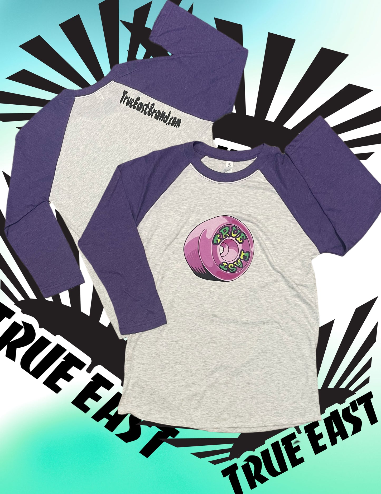 Purple & Heather 3/4 Sleeve T-Shirt with Purple Wheel Logo on Front, TrueEastBrand.com on Back