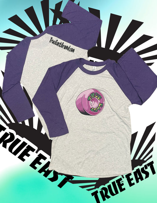 Purple & Heather 3/4 Sleeve T-Shirt with Purple Wheel Logo on Front, TrueEastBrand.com on Back