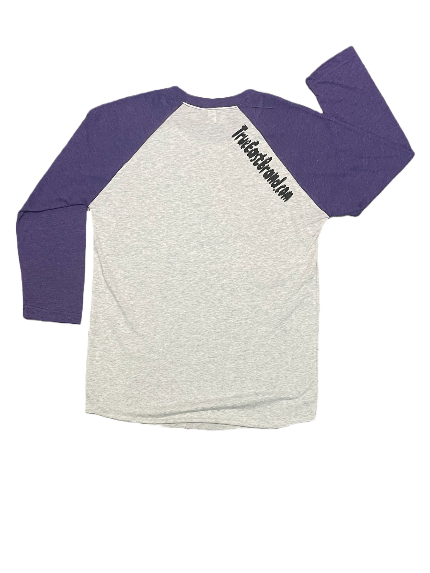 Purple & Heather 3/4 Sleeve T-Shirt with Purple Wheel Logo on Front, TrueEastBrand.com on Back