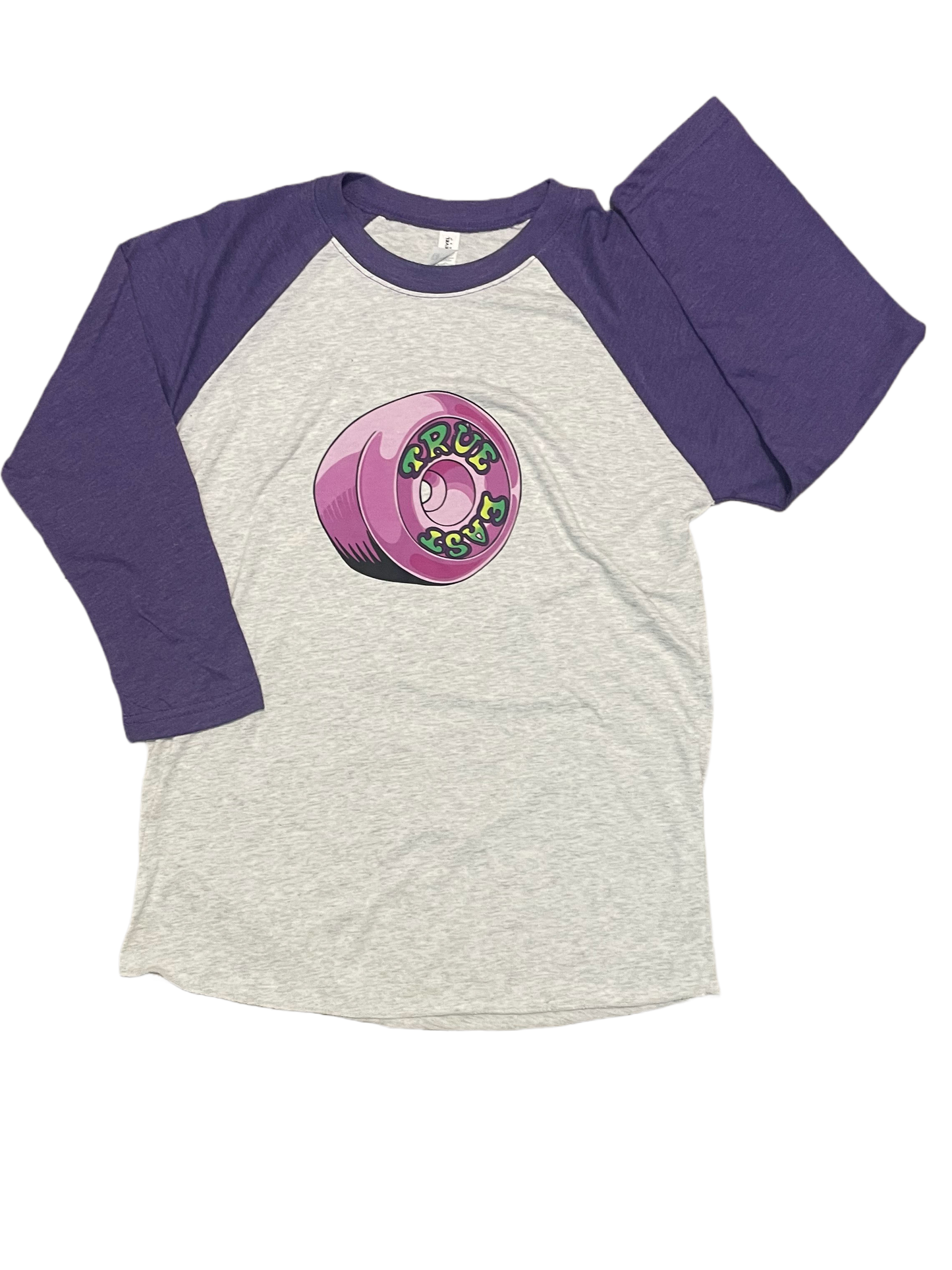 Purple & Heather 3/4 Sleeve T-Shirt with Purple Wheel Logo on Front, TrueEastBrand.com on Back